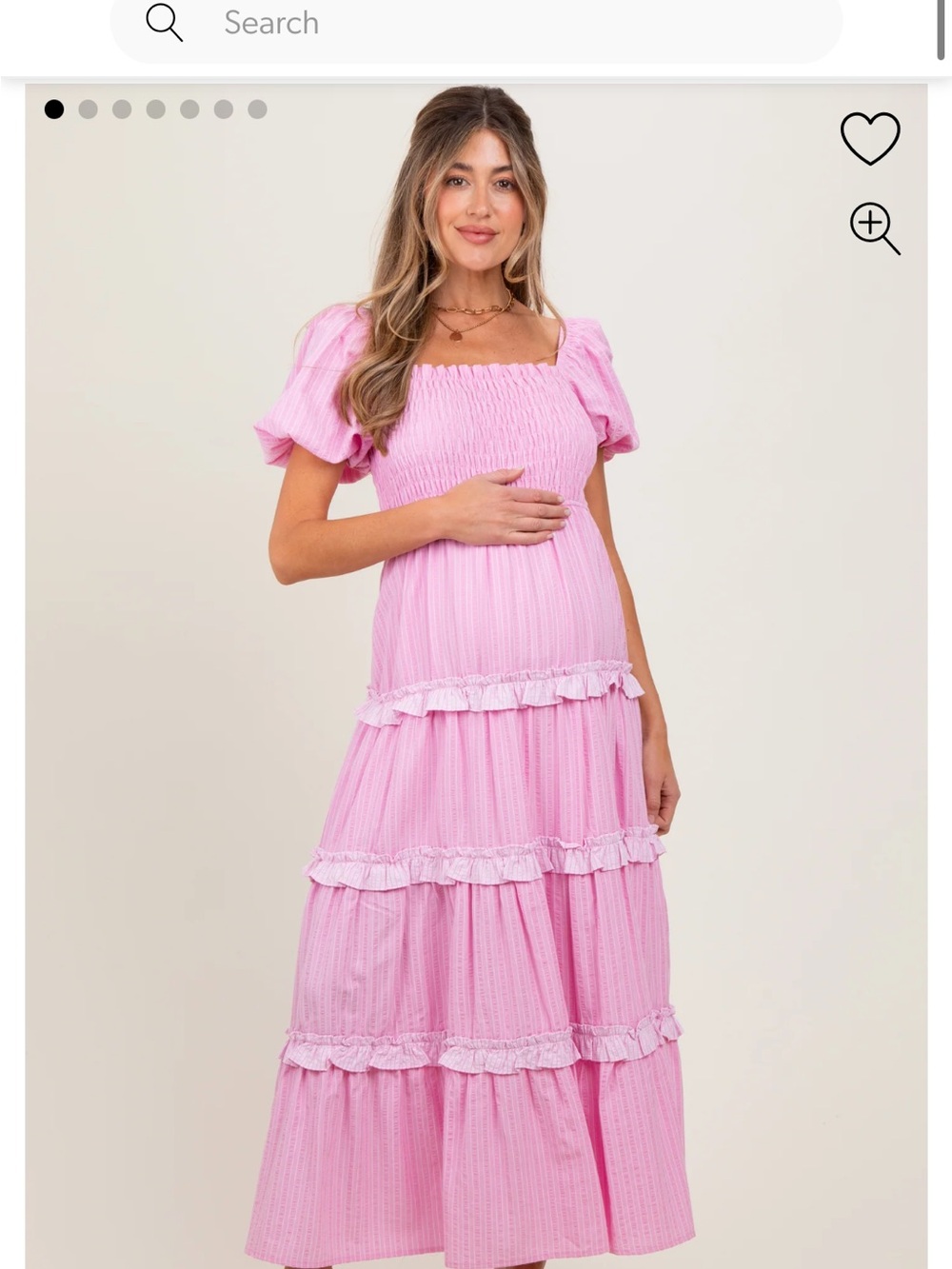 Pink Smocked Ruffle Tiered Puff Sleeve Maternity Maxi Dress